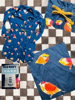Old Navy Blue Girls' Bird-Print Dress with Brown Drawstring